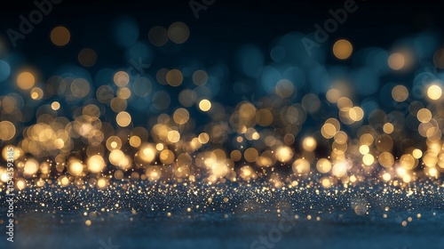 Abstract Gold and Blue Bokeh Lights with Glitter Overlay, Perfect for Festive Backgrounds, Celebrations, and Elegant Event Designs.
