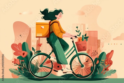 A woman riding a bike with a box on the back, symbolizing food delivery courier service in a vector flat design.
