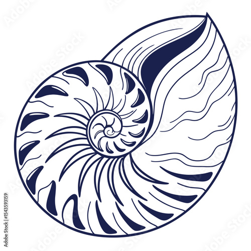Nautilus shell illustration vector design blue ink isolated on white background