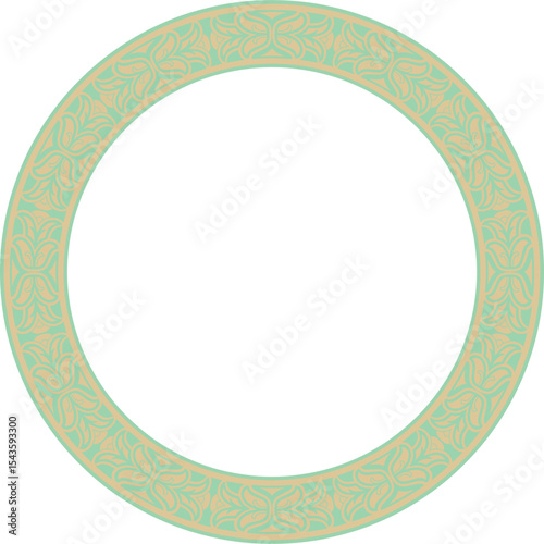 Vector round European gold with green ornament. Endless pattern, circle, ring of the Middle Ages. Revival border. Decorations of palaces and churches.
