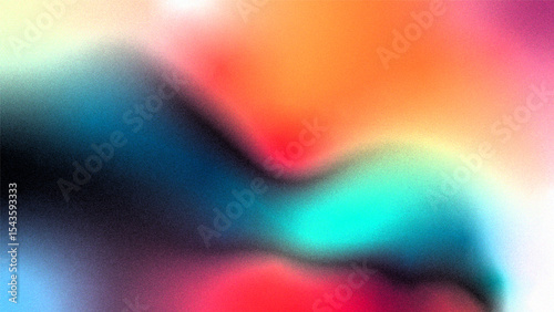 Vibrant rainbow, orange blue teal white psychedelic grainy gradient color flow wave on black background, music cover dance party poster design.