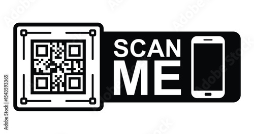 Minimalist black & white graphic: QR code in upper left with focus frame. Large white "SCAN ME" text below/to right. Stylized white smartphone icon lower right.