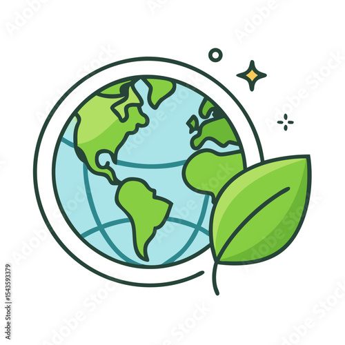 Vector icon of Earth with a leaf symbol, representing sustainability, eco awareness, and environmental responsibility. Isolated on transparent background