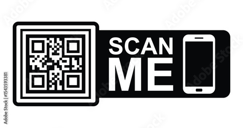 Minimalist black & white graphic: QR code in upper left with focus frame. Large white "SCAN ME" text below/to right. Stylized white smartphone icon lower right.
