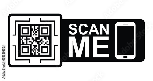 Minimalist black & white graphic: QR code in upper left with focus frame. Large white "SCAN ME" text below/to right. Stylized white smartphone icon lower right.