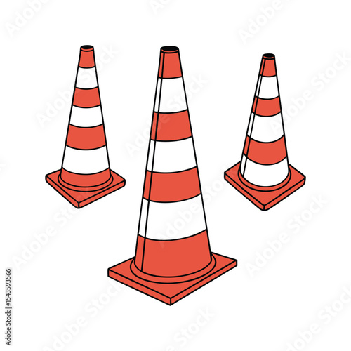 Three orange and white striped traffic cones illustration on white background