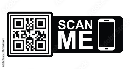 Minimalist black & white graphic: QR code in upper left with focus frame. Large white "SCAN ME" text below/to right. Stylized white smartphone icon lower right.