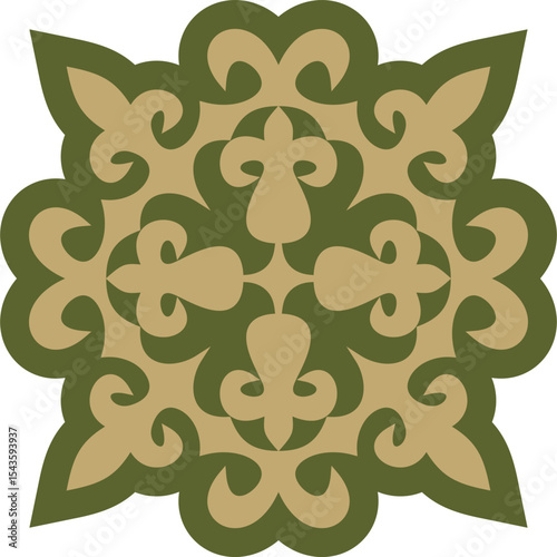 Vector green with gold Kazakh national ornament. Ethnic pattern of the peoples of the Great Steppe,