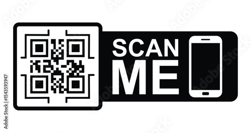 Minimalist black & white graphic: QR code in upper left with focus frame. Large white "SCAN ME" text below/to right. Stylized white smartphone icon lower right.