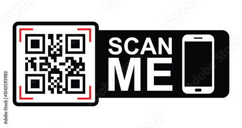 Minimalist black & white graphic: QR code in upper left with focus frame. Large white "SCAN ME" text below/to right. Stylized white smartphone icon lower right.