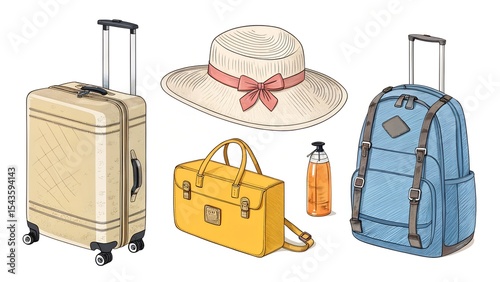 Stylish luggage set for travel: yellow suitcase, blue carry-on, beige duffel bag, straw hat, and orange tote bag.