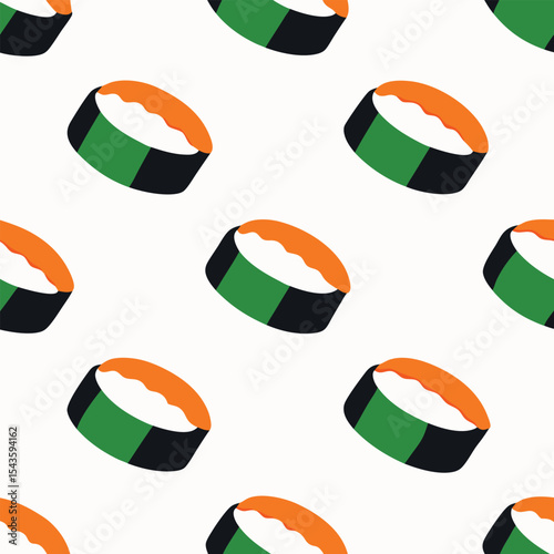 Seamless pattern featuring vibrant sushi rolls on a clean white background