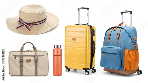 Watercolor illustration of travel luggage: suitcases, hat, tote bag, and passport