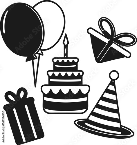 Black and white birthday party icon set with cake balloons and gifts