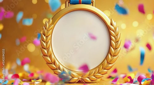 Gold award medal with confetti and bokeh celebration against a yellow backdrop