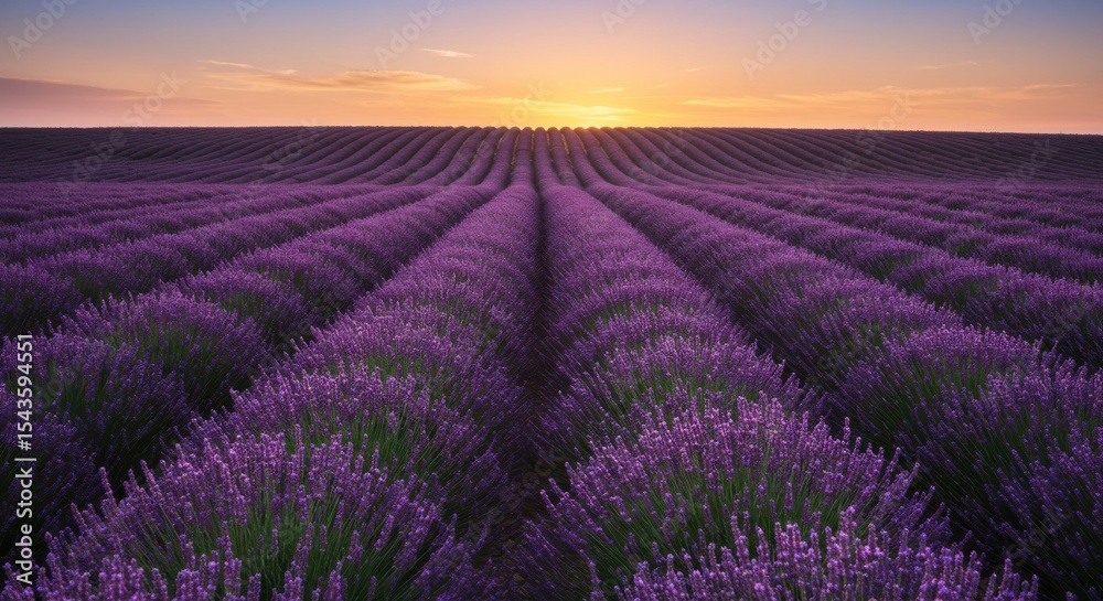 Obraz premium Purple Lavender Flowers Field During a Magnificent Sunset in Summer