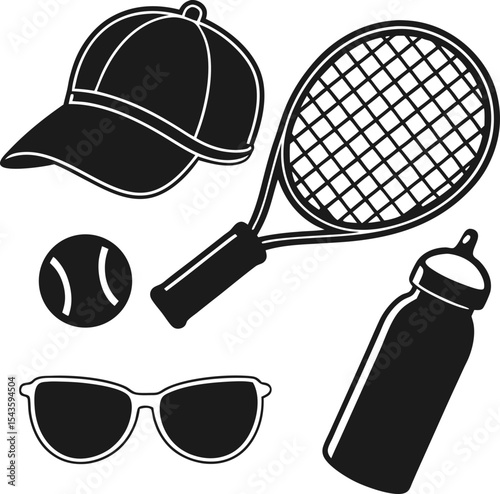 Black and white tennis equipment illustration with racket ball bottle and cap