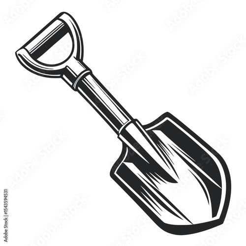 Engraved Shovel Illustration: Detailed monochrome vector image of a garden shovel with wooden handle and metal blade, ideal for agricultural and horticultural themes.