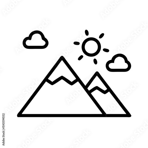 Minimalist black outline vector icon of a mountain with sun and clouds. Nature and outdoor theme, symbolizing travel, adventure, or scenic landscape. Isolated on transparent background