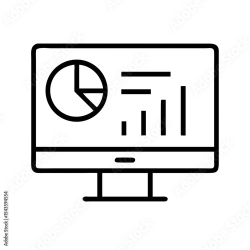 Minimalist black outline vector icon of a computer monitor displaying bar and pie charts. Symbol of data analytics, reports, and business intelligence. Isolated on transparent background
