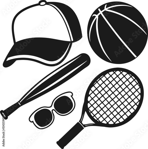 Sports equipment collection in black and white vector illustration graphic set