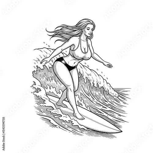 Hand-Drawn Vintage Style Engraving of Classic Pin-up Surfer, drawn in an engraved, woodcut style with fine details sketch engraving vector illustration. Scratch board imitation