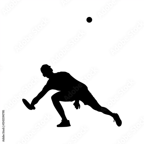 Low Defensive Stance in Pickleball Match Silhouette Vector, Male Pickleball Player Reaching for Shot Athletic Action Pose