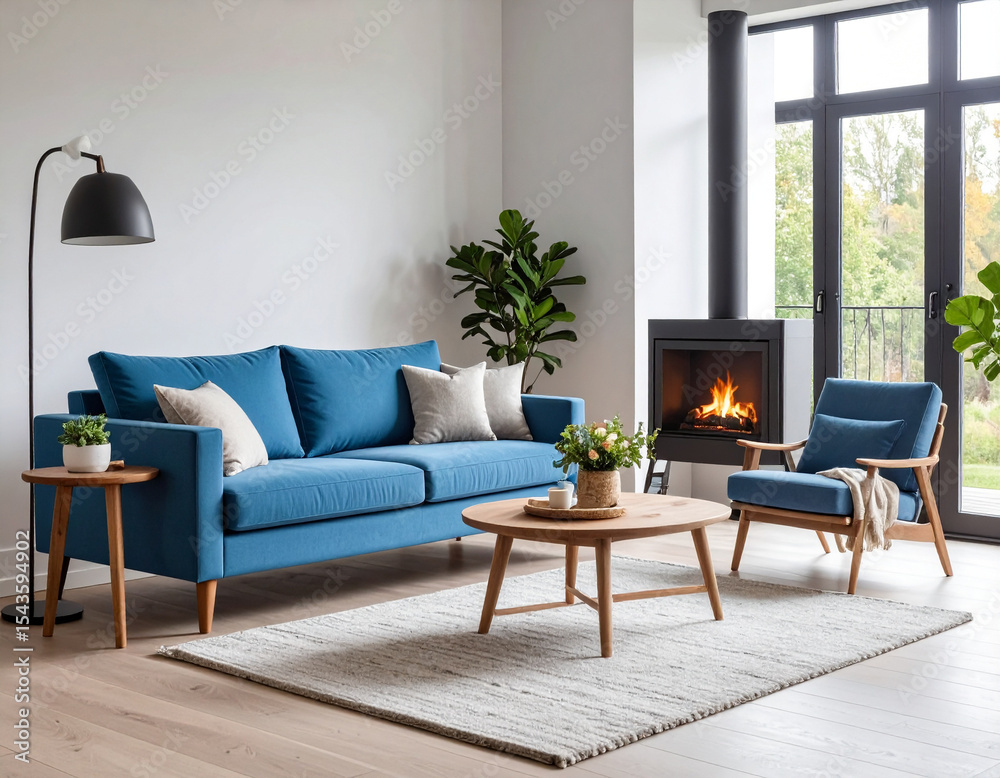 Fototapeta premium Cozy chic light blue daybed by the fireplace homey living room interior design warm atmosphere
