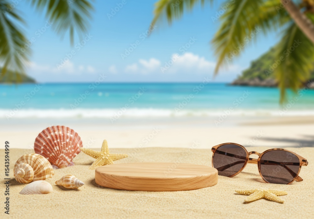 custom made wallpaper toronto digitalRelaxing beach scene with seashells, sunglasses, and a wooden podium.