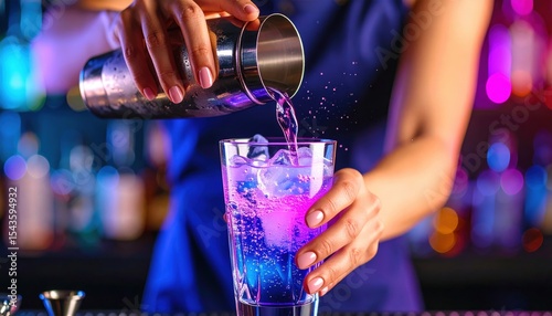 Bartender Pouring Colorful Cocktail: Crafting a vibrant drink with a shaker at a bar.