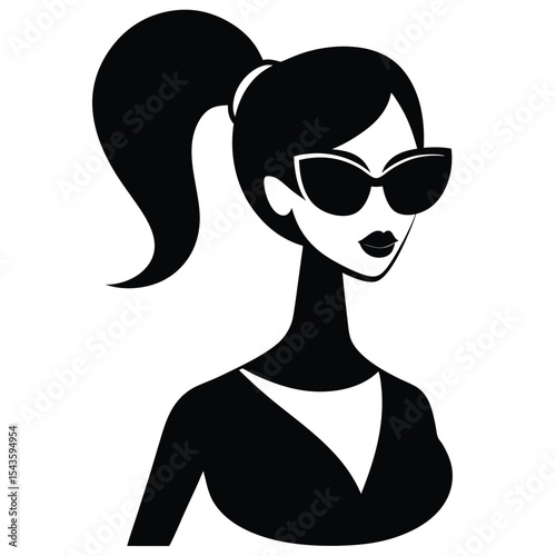 Stylish Woman with Ponytail and Sunglasses Black and White Fashion Illustration