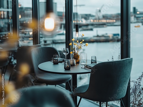 Elegant dining experience by the waterfront modern restaurant indoor setting urban view relaxed ambiance