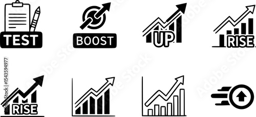 set of rising icons, such as test, boost, up, rise, increase, fast
