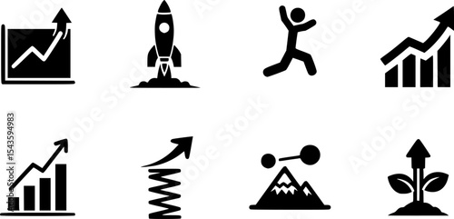set of rising icons, such as test, boost, up, rise, increase, fast
