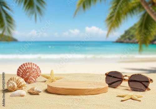 Wallpaper Mural Relaxing beach scene with seashells, sunglasses, and a wooden podium. Torontodigital.ca