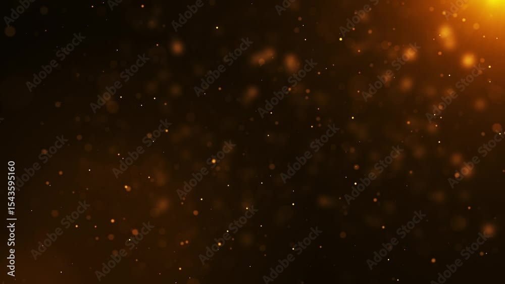 Abstract golden particles animation concept. 4k bokeh background with light particles on dark background. Animated footage with light leak effect.