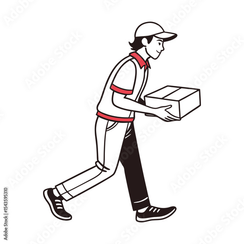 Cartoon delivery man carrying box package postal service illustration vector graphics