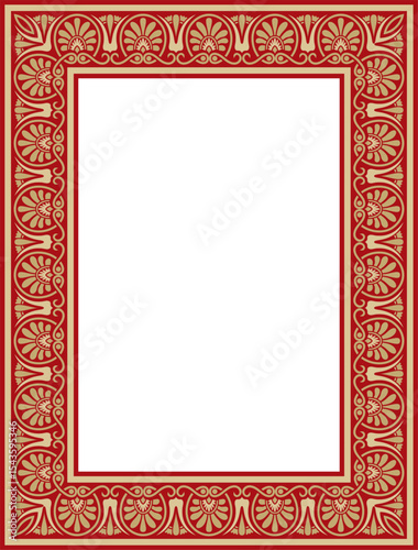 Vector gold with red classic Greek square ornament. Rectangle of Ancient Greece and Roman Empire. Byzantine painting of walls, floors and ceilings. Decoration of European palaces.
