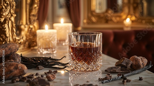 Artisanal chocolate liqueur crystal snifter candlelight reflecting off rich brown liquid cocoa nibs vanilla pods marble counter 50mm lens Parisian chocolaterie with velvet curtains and gilded mirrors