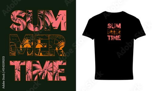 A creative and eye-catching design featuring the words "SUMMER TIME" where each letter is filled with intricate illustrations of a tropical beach scene, including palm trees, ocean waves, and distant 