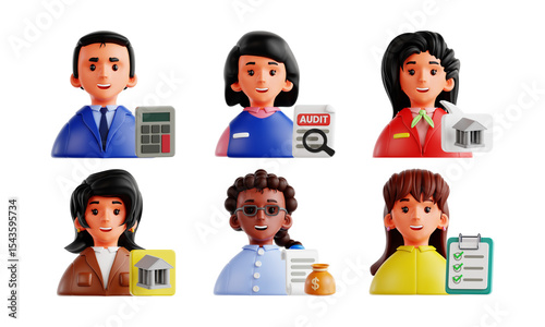Set of Finance Characters 3D Icons Including Banker, Auditor, and More