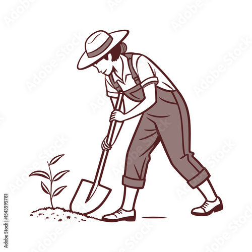 Farmer planting seedling using shovel sustainable agriculture and gardening concept vector illustration