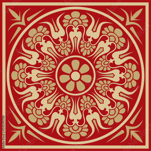 Vector gold with red classic Greek square ornament. Rectangle of Ancient Greece and Roman Empire. Byzantine painting of walls, floors and ceilings. Decoration of European palaces.
