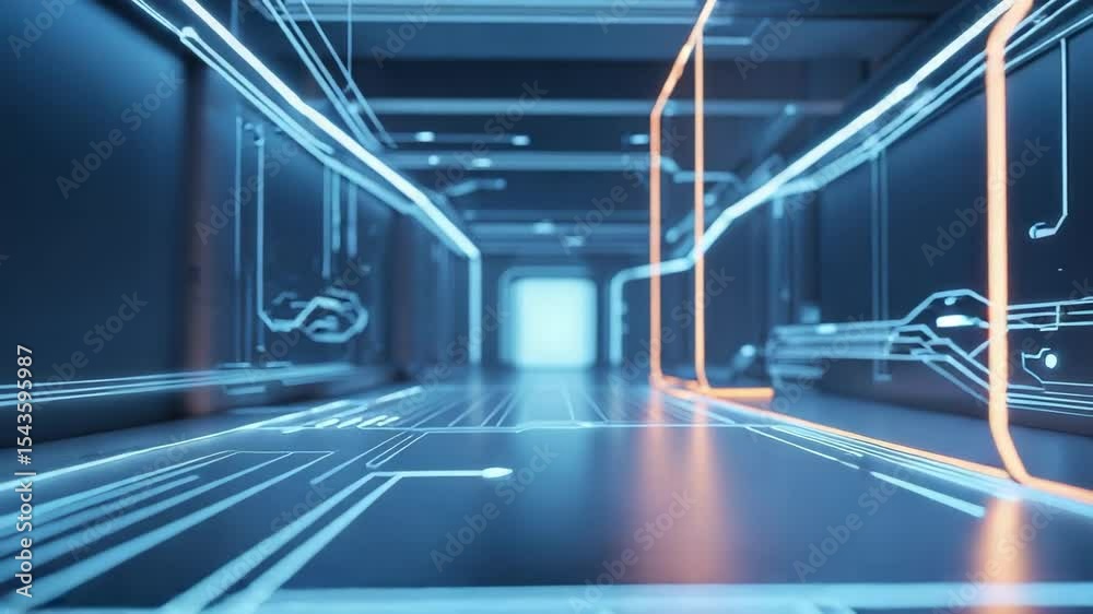 Advancing digital corridor through neonlit tunnel, with electric blue floor and glowing portal Advancing digital corridor through neonlit tunnel, with electric blue floor and glowing portal