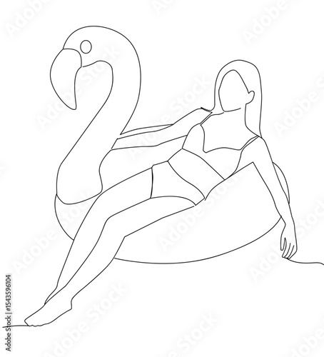 line art woman on float relaxing.  Continuous line  illustration with young woman sitting on inflatable pink flamingo in the water of the sea,