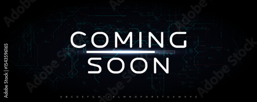 Futuristic Coming Soon Text with Glowing Light Effect on Dark Background, Perfect for Tech Projects, Websites, or Trailers. Stylish Modern Typography. Vector Illustration.
