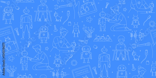 STEM Education Seamless Pattern with Kids and Robots Line Art Vector