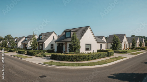 Row of modern houses in a suburban neighborhood under blue sky