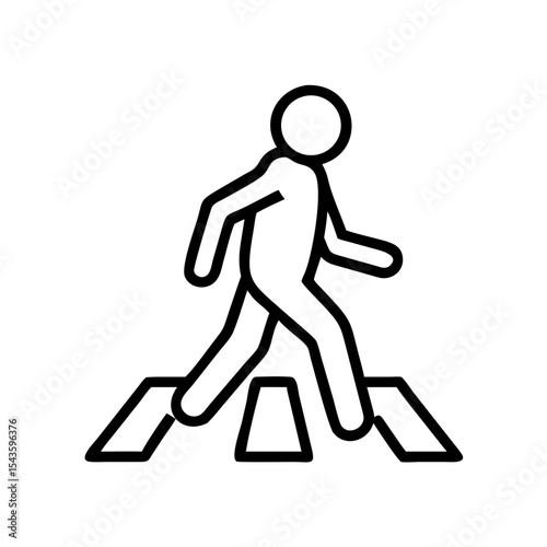 Minimalist black and white outline icon of a pedestrian walking on a zebra crossing. Represents road safety, walkways, or traffic signs