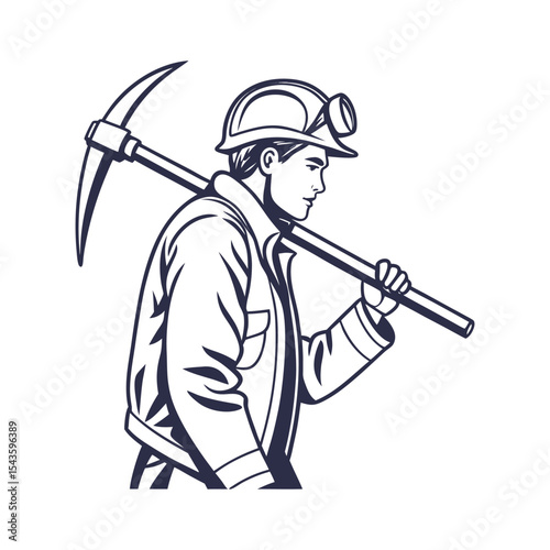 Miner with pickaxe isolated on white background vintage style illustration
